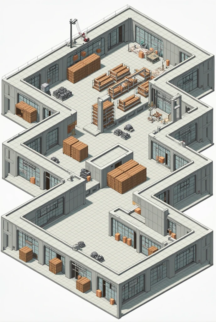 Design a warehouse layout with : corridor , module/column , Level , Bay/ penthouse apartment 