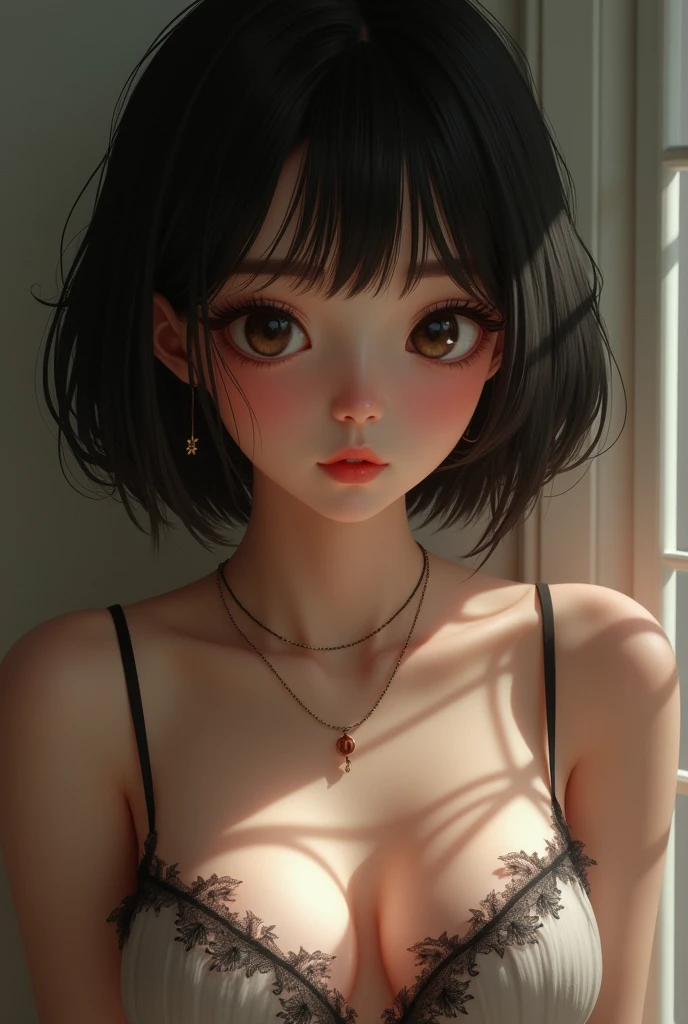 One-shoulder leotard, a beautiful girl with an idol face, with her chest peeking out, a smile that looks like she's about to cry. Short Bob
