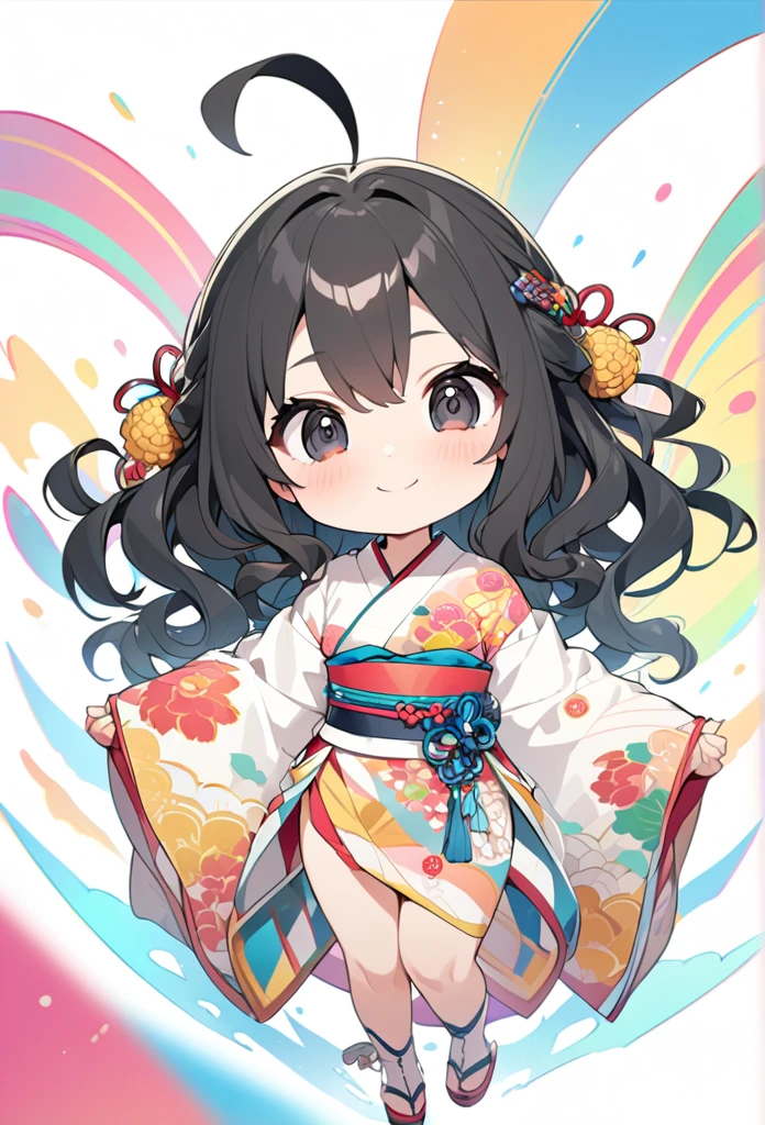 female child, , glad, smiling, looking at viewer, hime cut, ahoge, wavy hair, black hair, black eyes, big eyes, fair skin, chibi, A kimono based on white and pink stripes with a chrysanthemum pattern, Japanese hairpin, white background, masterpiece, best quality, detailed, ultra detailed, hyper detailed, insanely detailed, exquisite, beautiful, Full-HD, 16K, cute, fantasy, vibrant academia, anime, 2d anime, chibi anime, icon, soft lines, soft surface, simple line drawing, full body shot, front view, best light, fast shutter speed, depth of field, highly saturated colors, vibrant colors, pale colors, best hand