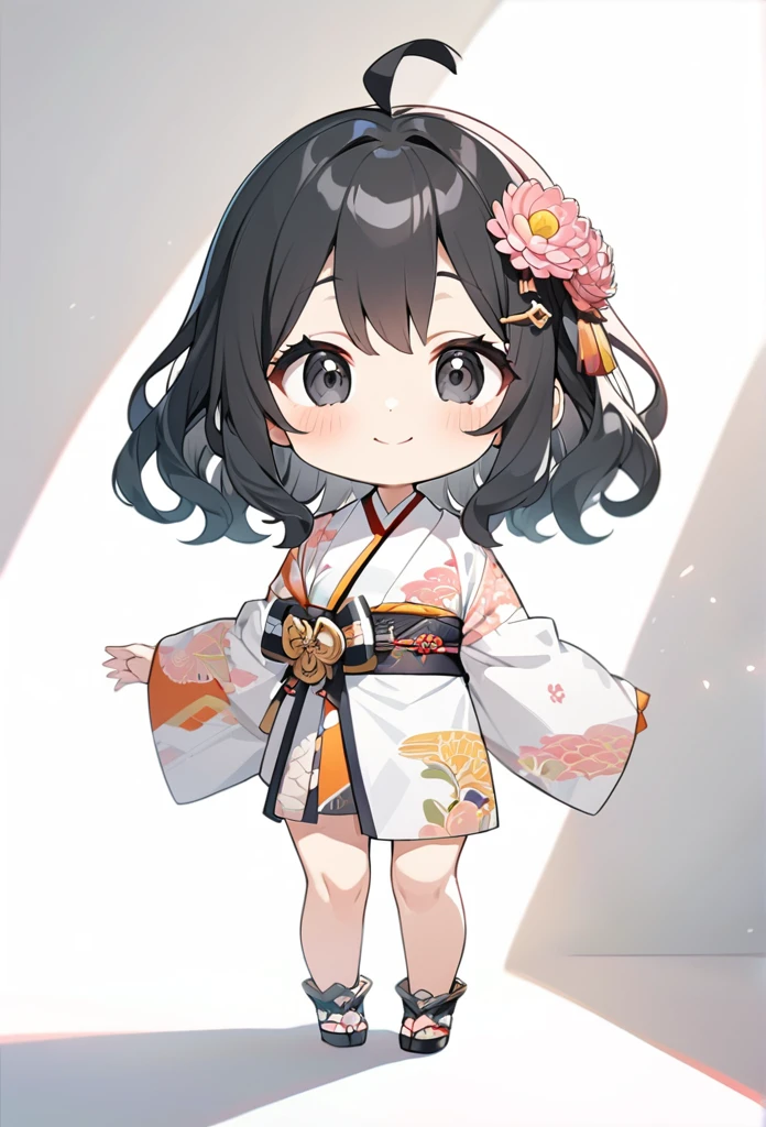 female *****, , glad, smiling, looking at viewer, hime cut, ahoge, wavy hair, black hair, black eyes, big eyes, fair skin, chibi, A kimono based on white and pink stripes with a chrysanthemum pattern, Japanese hairpin, white background, masterpiece, best quality, detailed, ultra detailed, hyper detailed, insanely detailed, exquisite, beautiful, Full-HD, 16K, cute, fantasy, vibrant academia, anime, 2d anime, chibi anime, icon, soft lines, soft surface, simple line drawing, full body shot, front view, best light, fast shutter speed, depth of field, highly saturated colors, vibrant colors, pale colors, best hand