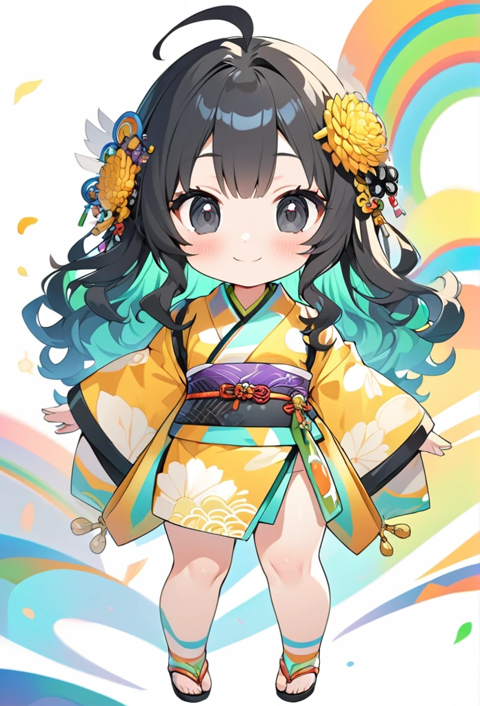 female child, , glad, smiling, looking at viewer, hime cut, ahoge, wavy hair, black hair, black eyes, big eyes, fair skin, chibi, A kimono based on white and yellow stripes with a chrysanthemum pattern, Japanese hairpin, white background, masterpiece, best quality, detailed, ultra detailed, hyper detailed, insanely detailed, exquisite, beautiful, Full-HD, 16K, cute, fantasy, vibrant academia, anime, 2d anime, chibi anime, icon, soft lines, soft surface, simple line drawing, full body shot, front view, best light, fast shutter speed, depth of field, highly saturated colors, vibrant colors, pale colors, best hand