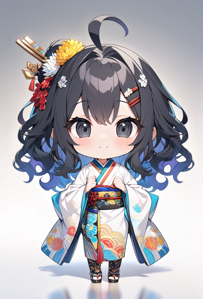 female child, , glad, smiling, looking at viewer, hime cut, ahoge, wavy hair, black hair, black eyes, big eyes, fair skin, chibi, A kimono based on white and yellow stripes with a chrysanthemum pattern, Japanese hairpin, white background, masterpiece, best quality, detailed, ultra detailed, hyper detailed, insanely detailed, exquisite, beautiful, Full-HD, 16K, cute, fantasy, vibrant academia, anime, 2d anime, chibi anime, icon, soft lines, soft surface, simple line drawing, full body shot, front view, best light, fast shutter speed, depth of field, highly saturated colors, vibrant colors, pale colors, best hand