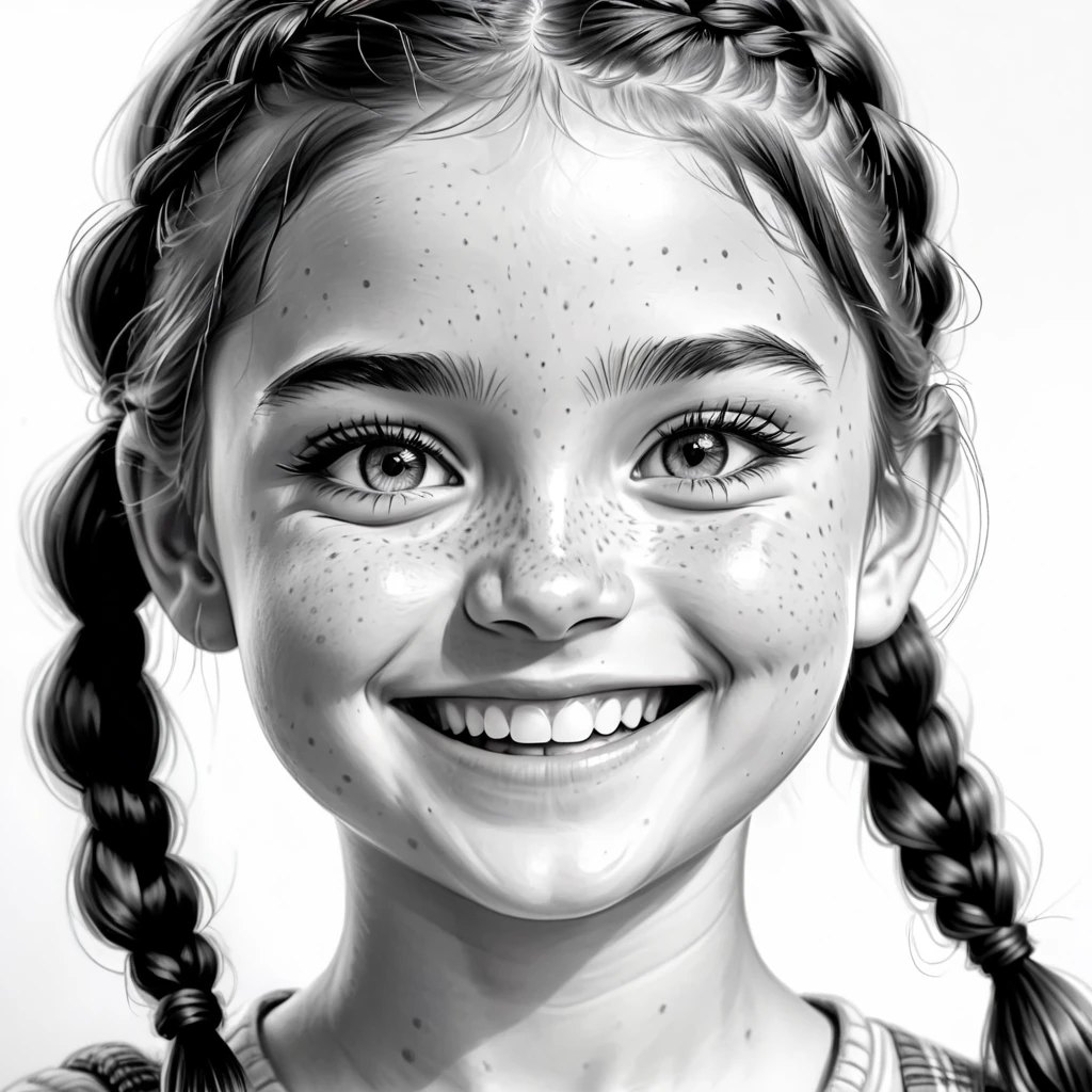 Energetic A youngster girl smiling with a mischievous smile, girl, freckles, braids, realistic sketch, rough sketch, black and white,white background, masterpiece, 4K
