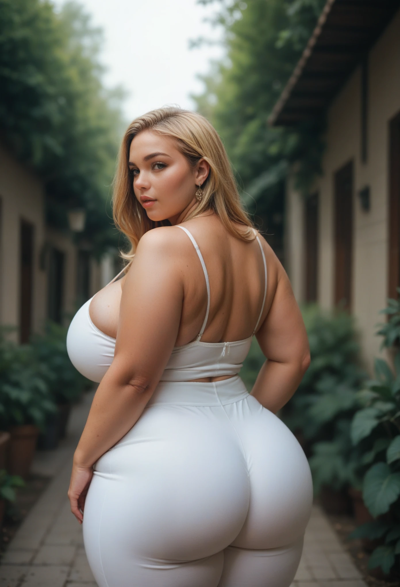 masterpiece, 1girl, thick female, best quality, thick thighs, (curvaceous), (voluptuous), (curvy:1.2), blonde hair, sexy, beautiful, bbw, (huge breasts), from behind