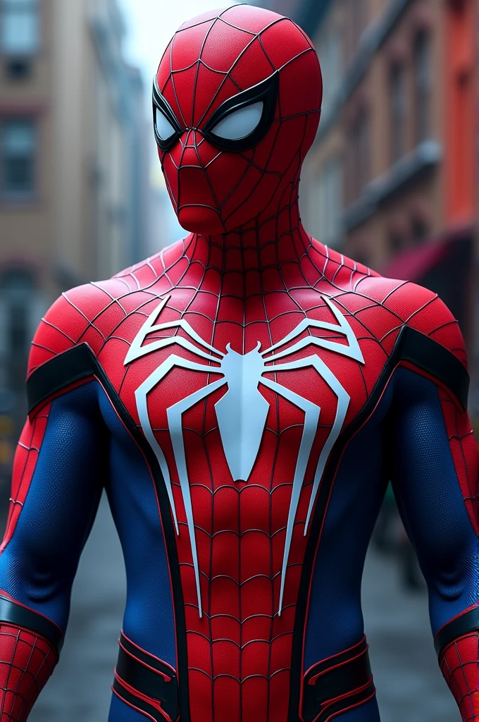 A highly detailed, photorealistic, and cinematic portrait of Spider-Man in his advanced red and blue suit from the Marvel Cinematic Universe, featuring a prominent white spider symbol on the chest, with small black and white movable eye lenses, 8K resolution, masterpiece, unreal engine, dramatic lighting, cinematic composition, hyper-realistic, volumetric lighting, physically-based rendering
