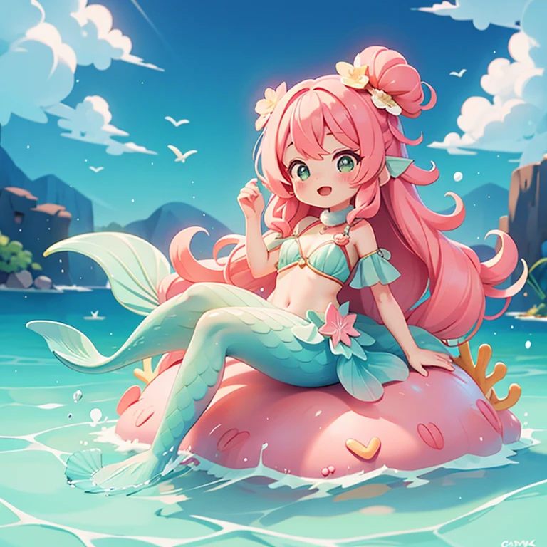 advertising poster, Promotional Photo for Pop Rap Single CALIFÓRNIA GIRLS by artist called Doja Cat, with bikinis, various sweets, candies, lollipops, jellies, pink clouds, hair down to the toes, big ass, perfect body, fantastic landscape,
