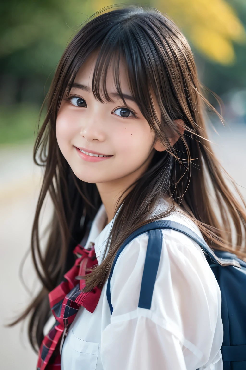 Best quality, masterpiece, 1girl, school uniform, solo, classroom, petite, thin figure, cute face, adorable, smiles slightly, looking at viewer, portrait, big red eyes, brown hair, long hair, beautiful detailed eyes, calm light, sunset, red tones, expert shadows