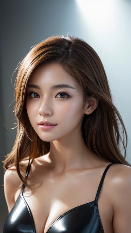 (original character、unity 16k wallpaper, masterpiece, Highest quality, Ultra-detailed, Extremely detailed CG, Caustics, Cinema Lighting, detailed, Beautiful detailed Eyes, alone), 超High resolution, Fine skin, (Compensate,eyeliner,eye shadow:1.1,Sunburned skin,mascara,curve:1.2,On the chest:1.2,Small breasts), (Strong light)、Oily skin,city,smile, Brown Hair Color, Casual clothing,vivid, from the front:1.2、gal、Latex bodysuit、Knee-high boots、Huge 、Long brown hair、Shiny, Oily skin、Glowing Skin、Indoor competition pool、White skin、flying debris, Highest quality, Realistic, Very detailed, finely, High resolution, 8K Dende Wallpaper, One beautiful woman,, Light brown messy hair, Wear a business suit, Sharp focus, Perfect dynamic composition, Beautiful and detailed, Detailed hair, Detailed Realistic skin texture, smile, Close-up portrait, Model body type