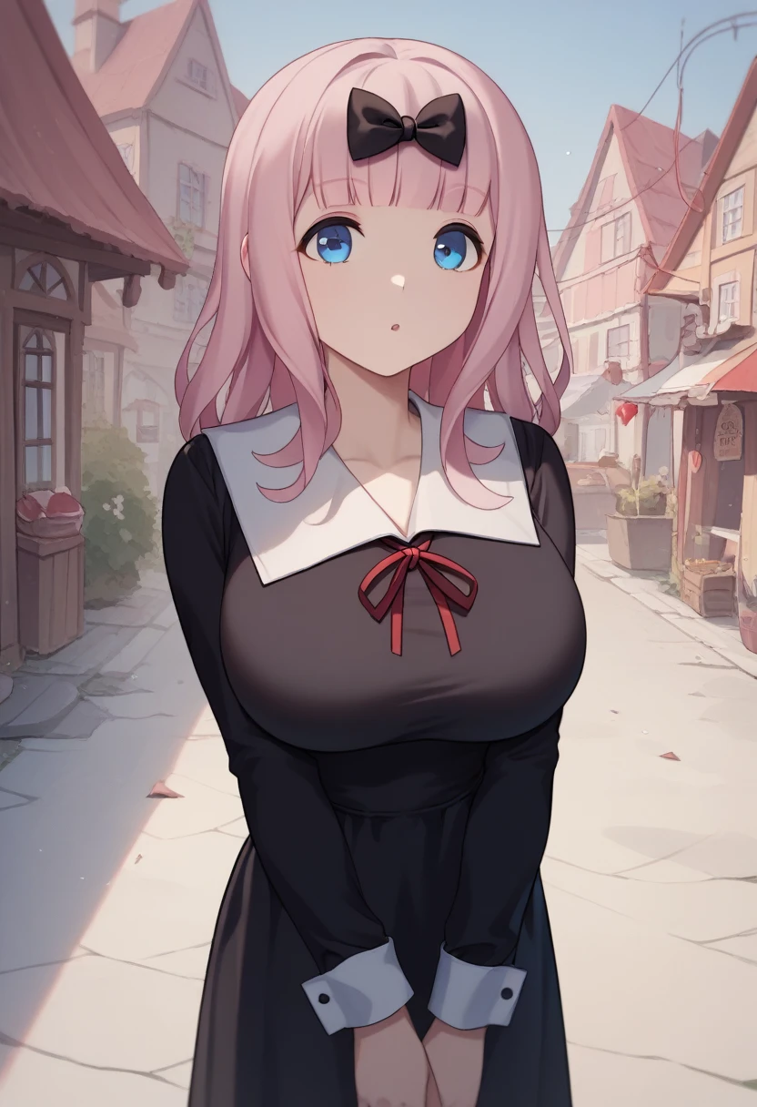 score_9, score_6_wonderful, sauce_アニメ, One Girl, alone, In town, Cowboy Shot, chika, Blue eyes, Pink Hair, Hair Ribbon, Black Bow, Black Dress, White sailor collar, Neck ribbon, Red ribbon, long sleeve, White shirt, slim, Huge breasts 、black sox、loafers