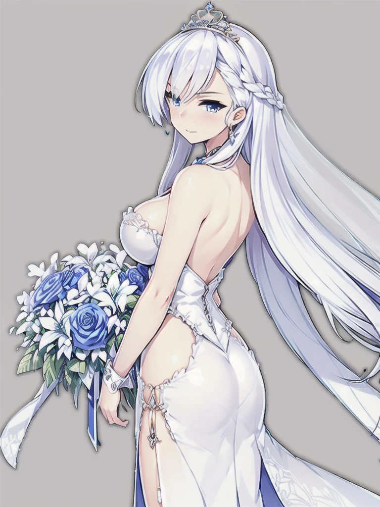 belfast \(azur lane\),((masterpiece)),(((best quality))),((ultra-detailed)),((illustration)),((disheveled hair)),((frills)),(1 girl),(solo),Wavy hair secretary,solitary,Exquisite eyes,Fine silver hair,( Smooth skin:1.2)( Wear a gorgeous and sparkling evening gown:1.2),Slender body proportions,Back,Gorgeous room,backless outfit,back focus,from behind,Simple background,Blurred Background,Glossy background,long hair,Hairstyle,upper body,Hairstyle blue eyes,silver hair,