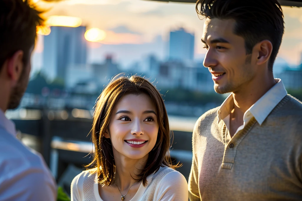 ((Highest quality、8k、masterpiece:1.3))、Izakaya、Japanese sake、Slim couple、Model Couple、(Realistic, Intricate details:1.2), Japanese sake、1 liter bottle、Japanese food、Soba、Japanese sake、Shochu 、Amazing view of the sunset sky and clouds、Bright smile、The beauty of a smile、Bright image、Beautiful Face, blue eyes, The light shines on your face, blush, short hair,Bright Face、 (Age 37), 39 years old, Brown Hair、Shortcuts、Long sleeve shirt、dress、Beautiful woman
