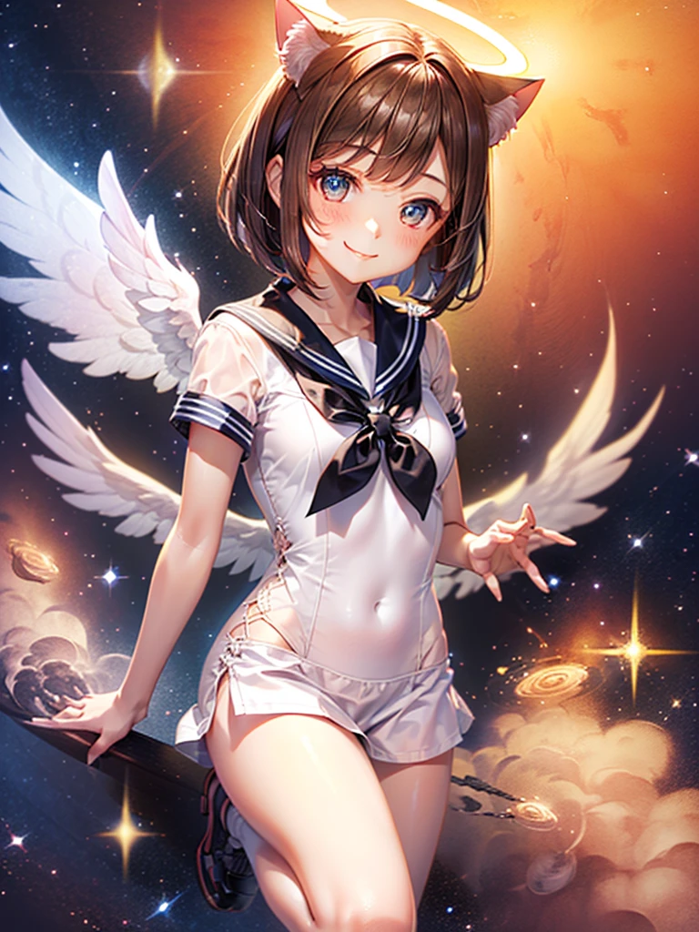 Highest quality,Highest Resolution,Beautiful girl with angry face in maid leotard,Frills,High leg,(((Floating in the air))),Halo,(((universe space))),Milky Way,meteor,Very beautiful eyes,(((White angel wings on the back))),whole body,long hair,(((Shoot a bow))),Knee-high stockings,Floating in the air,