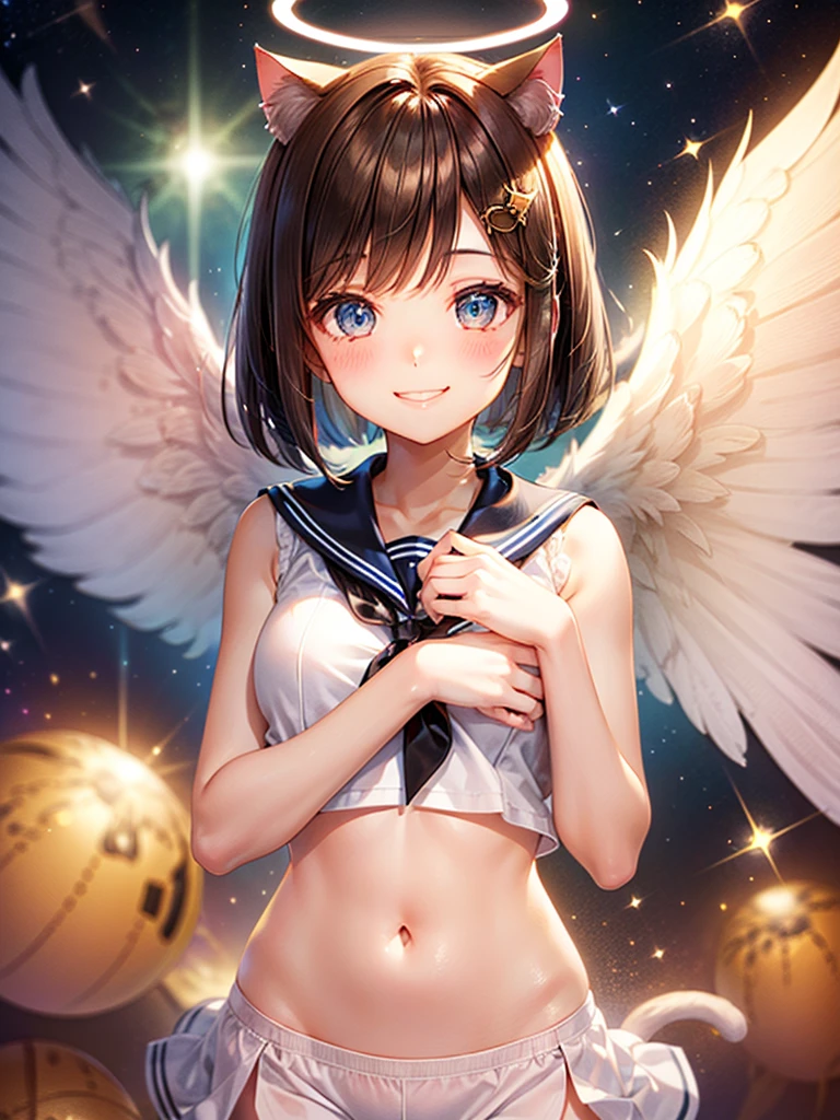 A beautiful smiling girl in a sailor suit,Halo,Cat ear,Brown hair short bob,front,Very beautiful eyes,universe,Milky Way,(((口に指を当てる))),White angel wings on your back,