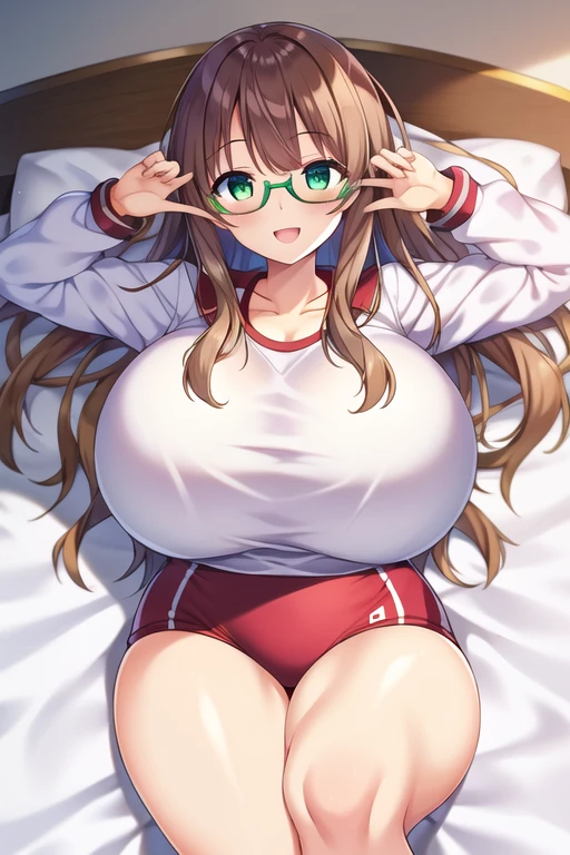 (1girl), (brown hair:1.1), (massive), (green eyes), (Glasses), (huge breast), (smile), (:d), (Intricate Iris Details), (Gym suit), (white shirt), (looking at viewer), (mat:1.1), (indoors), (on back), (thigh), (bed sheet)