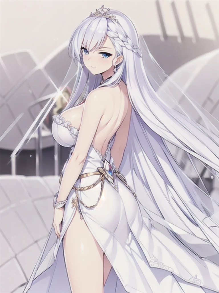 belfast \(azur lane\),((masterpiece)),(((best quality))),((ultra-detailed)),((illustration)),((disheveled hair)),((frills)),(1 girl),(solo),Wavy hair secretary,solitary,Exquisite eyes,Fine silver hair,( Smooth skin:1.2)( Wear a gorgeous and sparkling evening gown:1.2),Slender body proportions,Back,Gorgeous room,backless outfit,back focus,from behind,Simple background,Blurred Background,Glossy background,long hair,Hairstyle,upper body,Hairstyle blue eyes,silver hair,