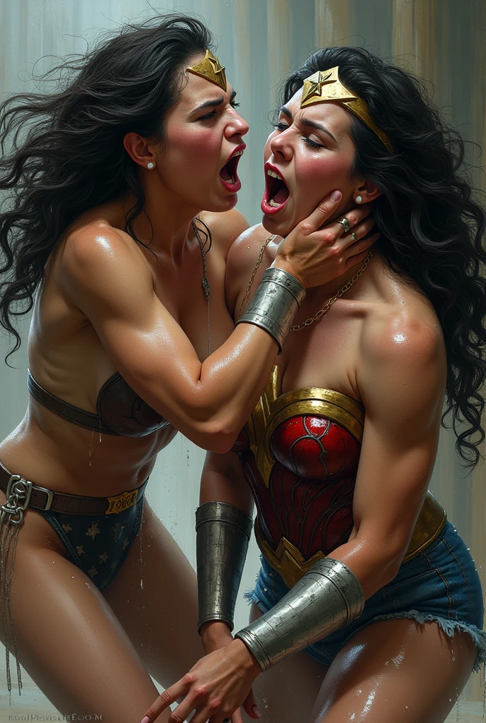 ((realistic:1.5)),((best quality)), ((masterpiece)),((detailed)), (1girl), {a beautiful female wearing, (upper body:1.3),super-wide-angle lens,face focus, mature,sexy,toned muscles,long legs,curvy, barefoot, medium breasts, open cleavage, drooping breasts, thick thighs,wide hips, thin legs, green eyes,long black hair,floting hair,long eyelashes, (detailed face,beautiful eye, detailed pupilss,detailed clothes features, clear background:1.3), (Bindi,Jhumkas:1.3), (Armlet, Haar, Payal,Maang Tikka,Jhumkas,Kamarband,Bangles:1.3), mysterious ancient ruin, lush forests, deep canyons,bridge,river,cliff,cloud, lakes,rock,waterfalls, flowers, grass, fog,vine,tree, smoke, best shadow,bright details,sharp,perfect composistion, Intricate, Sharp focus, dramatic, by Frank Frazetta,by Julie Bell,by Olivia De Berardinis,by Luis Royo,by boris vallejo, (specular lighting:1.3),rim light, princesses, royal skimpy topless, hugging and touching each other, teasing her friend's belly, teasing her friend's buttocks, blushing friend, biting her friend's ear lobe, hugging from behind, touching her friend's breasts from below, naked