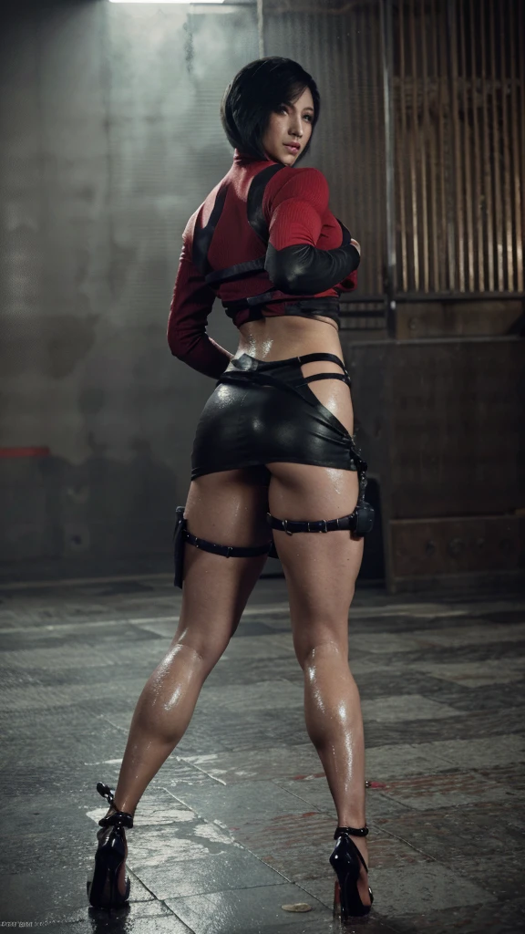 Emo woman , human, skirt, body muscle, sweat, pussy, wet pussy,high heels,bob cut,buttocks,squirt,vaginal fluids,pubic hair,perfect face,wet,full body,standingn, ada Wong, muscular legs,