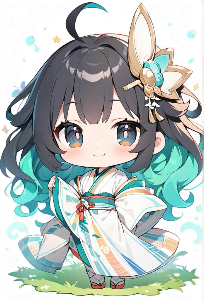 female child, , glad, smiling, looking at viewer, hime cut, ahoge, wavy hair, black hair, black eyes, big eyes, fair skin, chibi, A kimono based on white and green stripes with a Sheet Music pattern, Japanese hairpin, white background, masterpiece, best quality, detailed, ultra detailed, hyper detailed, insanely detailed, exquisite, beautiful, Full-HD, 16K, cute, fantasy, vibrant academia, anime, 2d anime, chibi anime, icon, soft lines, soft surface, simple line drawing, full body shot, front view, best light, fast shutter speed, depth of field, highly saturated colors, vibrant colors, pale colors, best hand