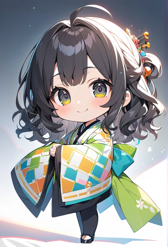 female child, , glad, smiling, looking at viewer, hime cut, ahoge, wavy hair, black hair, black eyes, big eyes, fair skin, chibi, A kimono based on white and green stripes with a Sheet Music pattern, Japanese hairpin, white background, masterpiece, best quality, detailed, ultra detailed, hyper detailed, insanely detailed, exquisite, beautiful, Full-HD, 16K, cute, fantasy, vibrant academia, anime, 2d anime, chibi anime, icon, soft lines, soft surface, simple line drawing, full body shot, front view, best light, fast shutter speed, depth of field, highly saturated colors, vibrant colors, pale colors, best hand