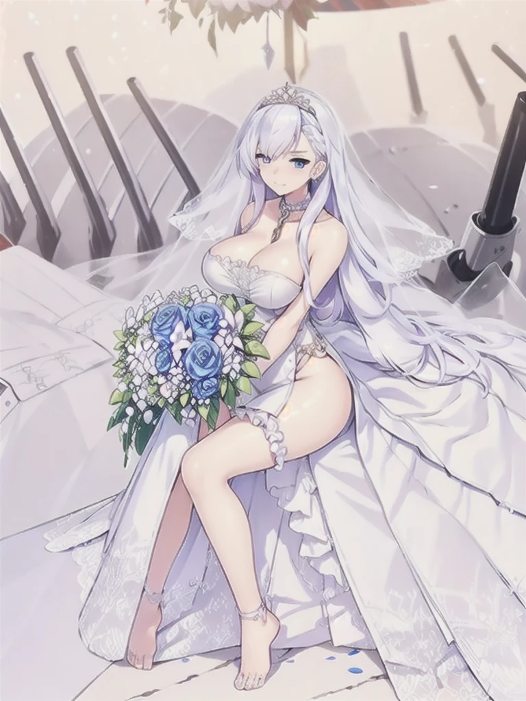 belfast \(azur lane\),((masterpiece)),(((best quality))),((ultra-detailed)),((illustration)),((disheveled hair)),((frills)),(1 girl),1girl,wedding,bride,wedding_dress,bare_feet,feet,sitting,crossed_legs,rating:safe,blue eyes,silver hair,