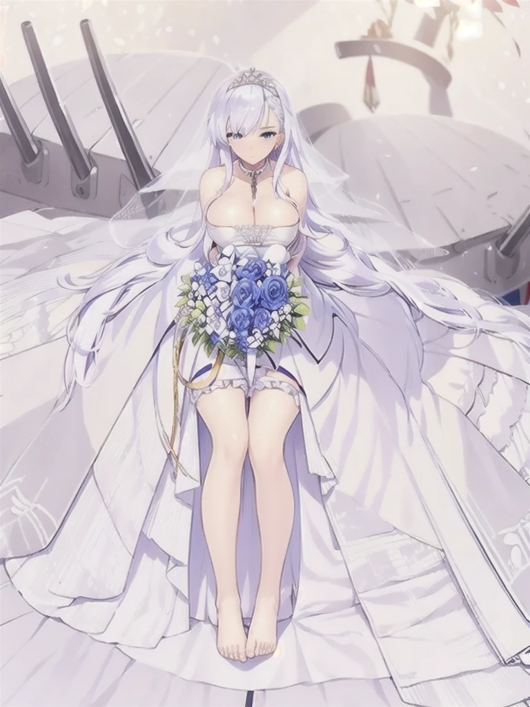 belfast \(azur lane\),((masterpiece)),(((best quality))),((ultra-detailed)),((illustration)),((disheveled hair)),((frills)),(1 girl),1girl,wedding,bride,wedding_dress,bare_feet,feet,sitting,crossed_legs,rating:safe,blue eyes,silver hair,