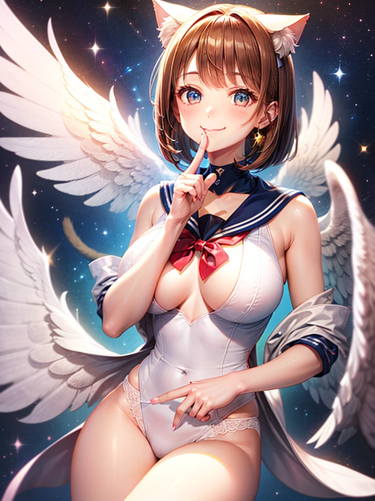 A beautiful smiling girl in a sailor suit,Halation,Cat ear,Brown hair short bob,front,Very beautiful eyes,universe,Milky Way,(((Put your finger over your mouth))),White angel wings on your back,Big Breasts,