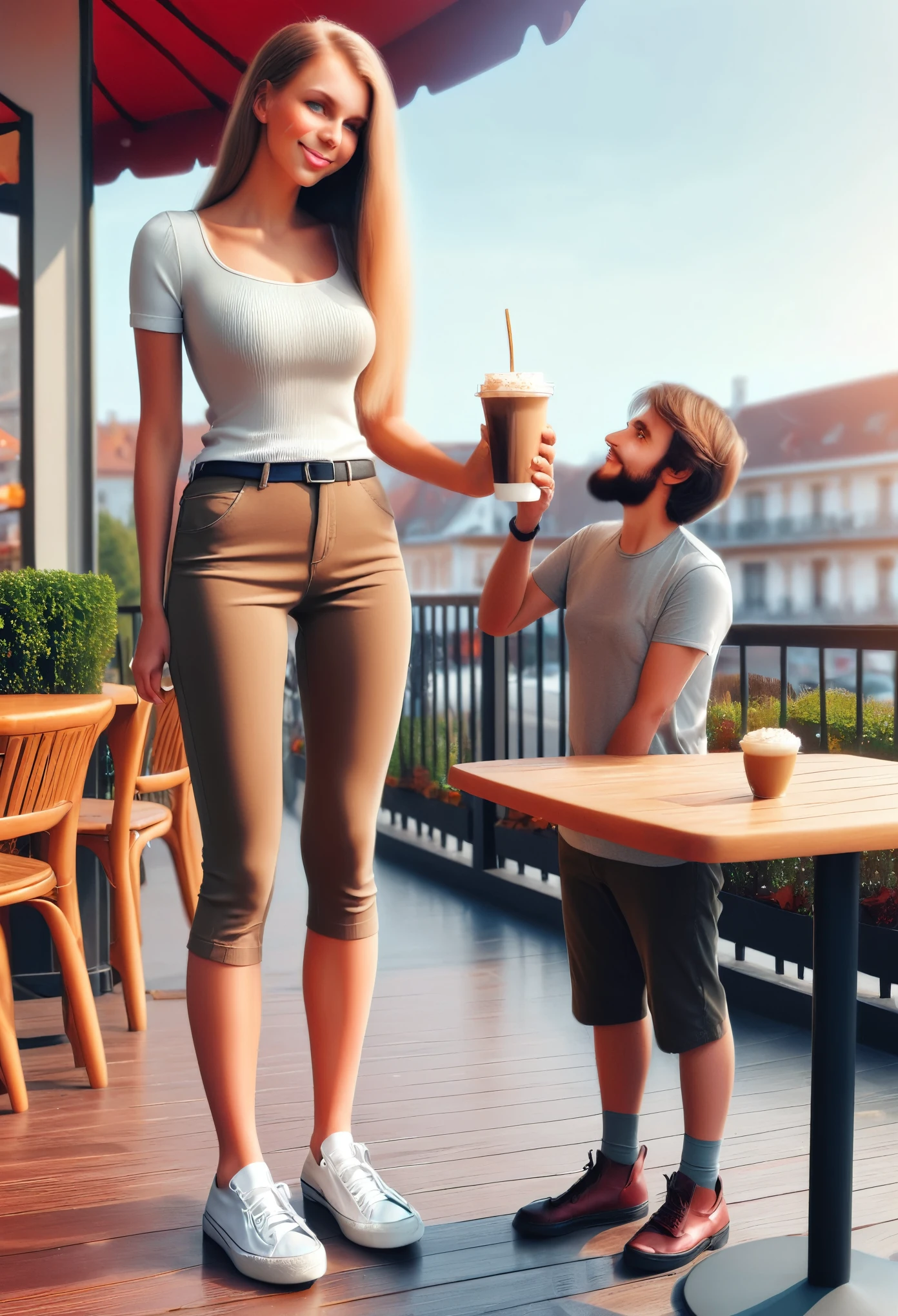 Giant young girl is standing next to table on the terrace of the cafe and drinking coffie with short guy