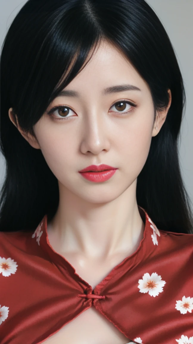 best quality, tmasterpiece,Ultra-high resolution,Clear face,（Reality：1.4），ferpect lighting，(upper body), (photorealistic:1.50), anime wallpaper, Guviz style artwork, cover-up fantasy up to magic , by Yang J, Guviz, beautiful artwork illustration, beautiful digital artwork, beautiful digital illustration, Li Song, beautiful anime portrait, art style in Beauvot, ulzzang-6500-v1.1,(raw photo:1.2), illustration, an extremely delicate and beautiful, extremely detailed ,CG ,unity ,8k wallpaper,  finely detail, best quality,extremely detailed CG unity 8k wallpaper,absurdres, incredibly absurdres, huge filesize, ultra-detailed, highres, extremely detailed,beautiful detailed girl, extremely detailed eyes and face, beautiful detailed eyes,light on face,cinematic lighting,1girl, (black hair), (Blunt bangs:1.3), long hair, see-through,looking at viewer,outdoors,purple_eyes, (red Chinese dress), absurddress, standing, (looking at viwer:1.7), indoor, (big breasts:1.3), 