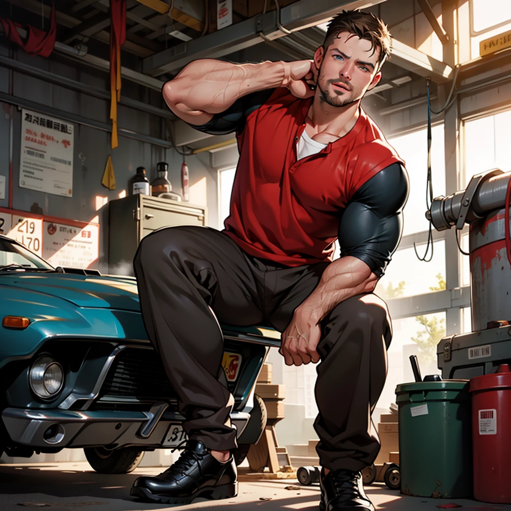 masterpiece, best quality, face, natural eyes, 1man, young man, boy, muscled and mature, mechanic, sweating, tight cloth, naked, full body,recline on the ground, legs side open, black socks, leather shoes, only wear underwear