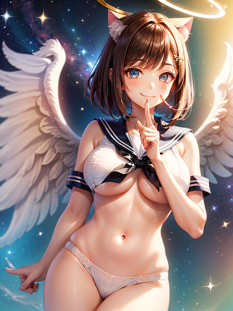 A beautiful smiling girl in a sailor suit,Halation,Cat ear,Brown hair short bob,front,Very beautiful eyes,universe,Milky Way,(((Put your finger over your mouth))),White angel wings on your back,Big Breasts,(((Halo))),