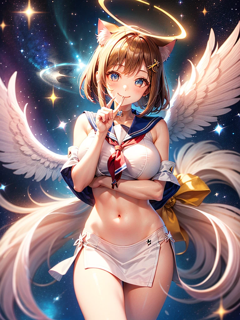 A beautiful smiling girl in a sailor suit,Halation,Cat ear,Brown hair short bob,front,Very beautiful eyes,universe,Milky Way,White angel wings on your back,Big Breasts,(((Halo))),