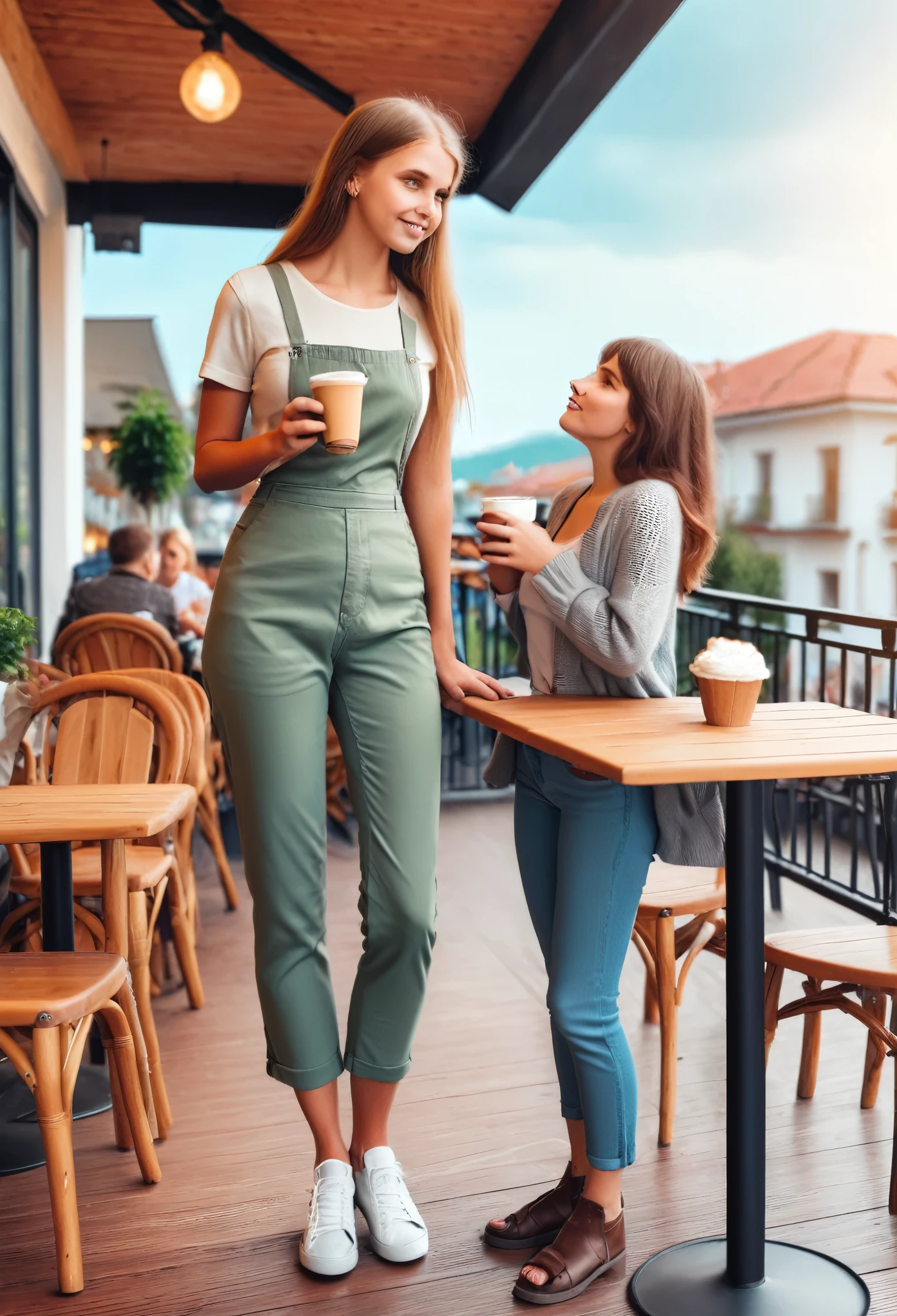 Giant young girl is standing next to table on the terrace of the cafe and drinking coffie with short guy