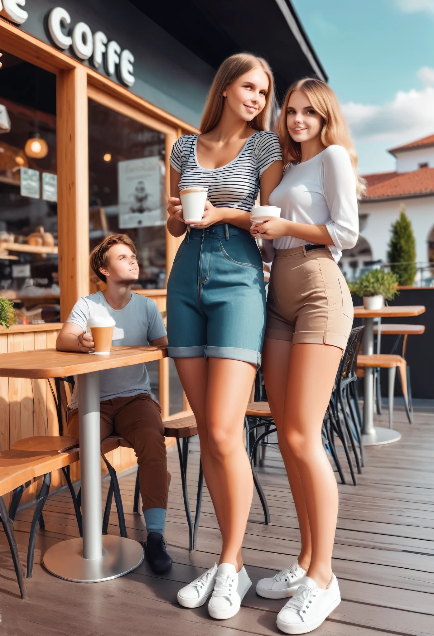 Giant young girl is standing next to table on the terrace of the cafe and drinking coffie with short guy