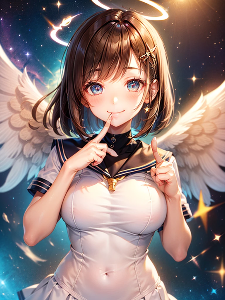 A beautiful smiling girl in a sailor suit,Halation,Cat ear,Brown hair short bob,front,Very beautiful eyes,universe,Milky Way,(((Put your finger over your mouth))),White angel wings on your back,Big Breasts,(((Halo))),