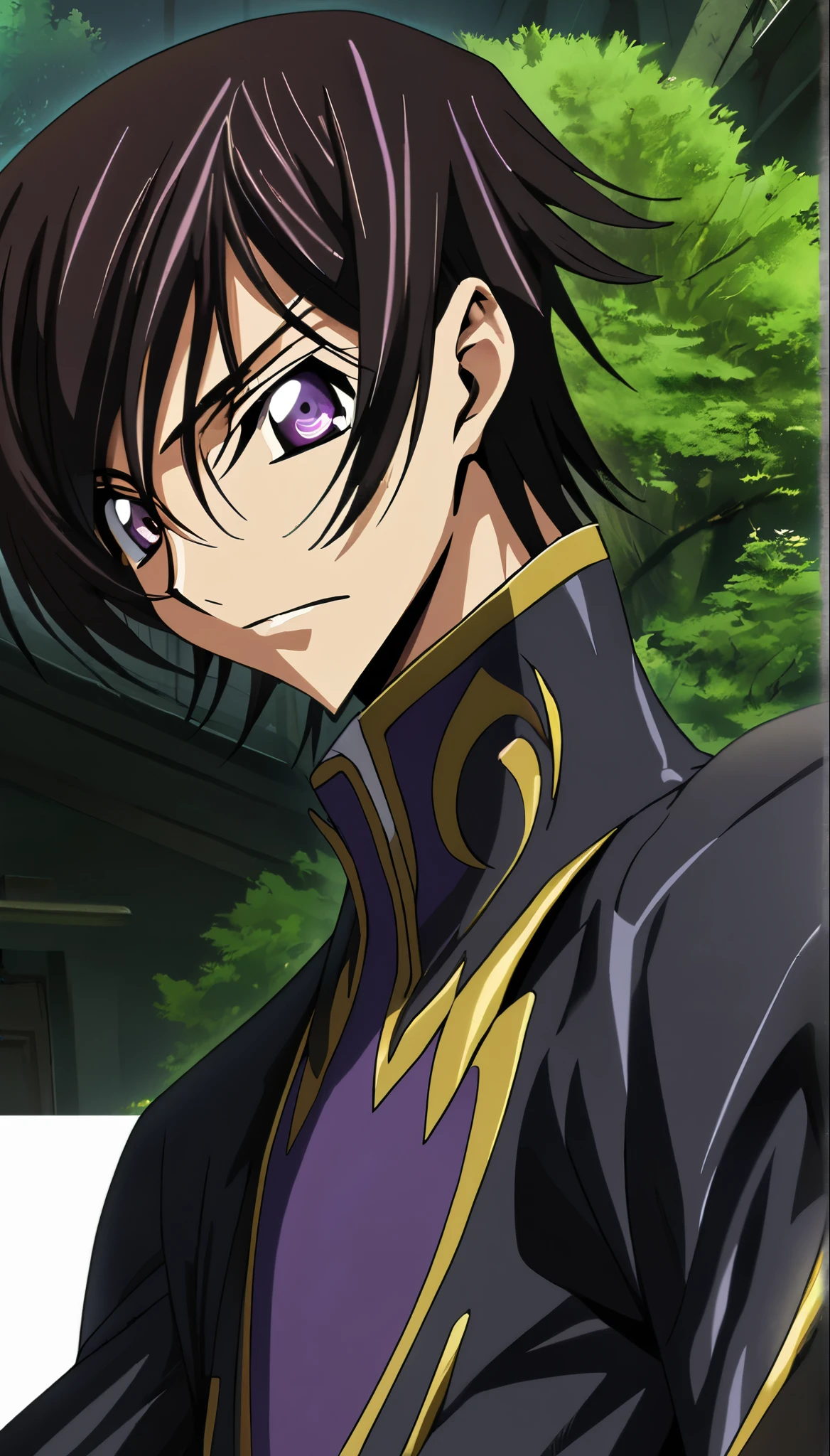 ((Highest quality、masterpiece、anime style、best quality、high resolution、8k、detailed、ultra-detailed:1.3))、man with perfect figure:1.4、double eyelid、20-year-old male、((((code geass,Lelouch Lamperouge,male、High school boys、Short hairstyle、Purple Eyes、Tree Eyes、Black Hair:1.5)))),High resolution, accurate, Anatomically correct, High-resolution model, high quality, Very detailed, Ultra high definition、High school black uniform