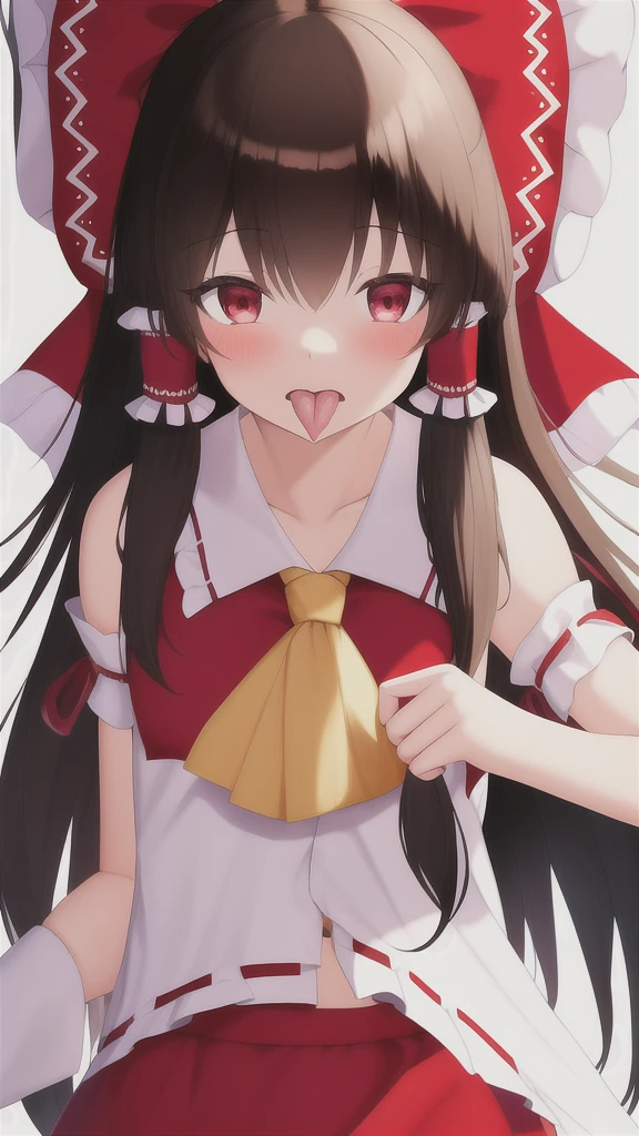 Human girl, Reimu Hakurei, heart shaped eyes, ribbon, heart, solo, red ribbon, hair tube, symbolic eyes, hair ribbon, tongue, goofy face, blush, detached sleeve, open mouth, ascot, brown hair, tongue out, upper body, ruffle, looking at viewer, bare shoulders, bangs, ruffled ribbon, yellow ascot, collarbone, ribbon trim, hair on side, red eyes