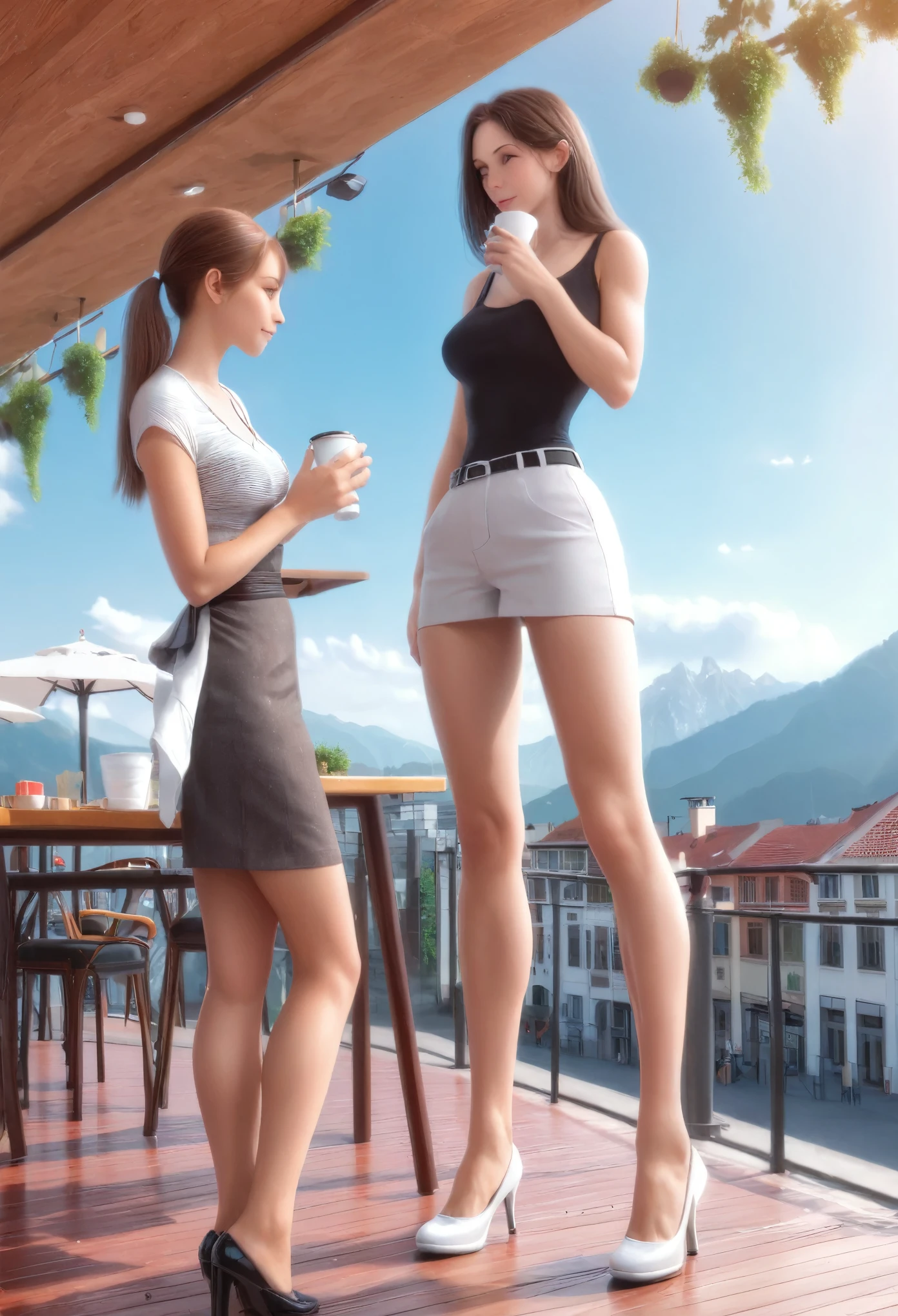 Giantess young girl is standing next to table on the terrace of the cafe and drinking coffie with short guy