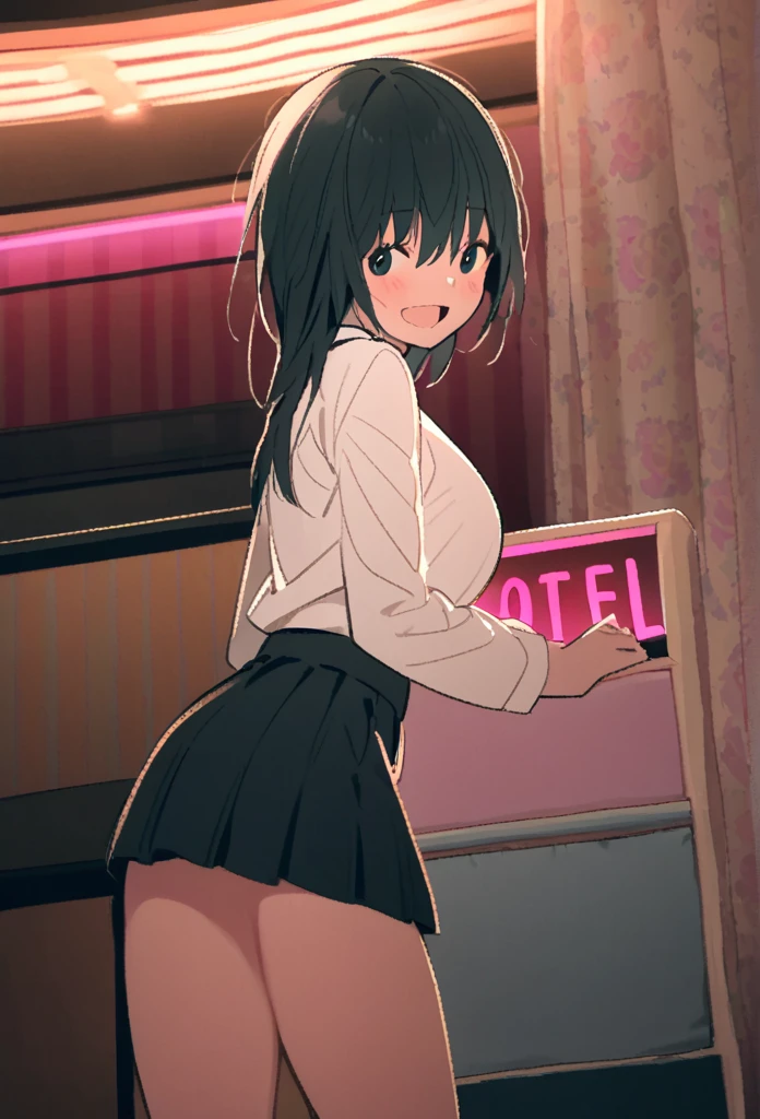 (best quality, masterpiece), 1girl, (yor briar: 1.2), black hair, headband, red eyes, pose, (in an office), windows at night with a cityscape, looking at viewer, beautiful woman, sexy, flirty, seductive, nsfw, smile, secretary, skirt suit, navy skirt, navy pantyhose, slender, long legs, (small breasts: 1.2), white collared shirt, (shirt pulled open), (no bra), pink nipples, ((pale skin)), sitting on a desk