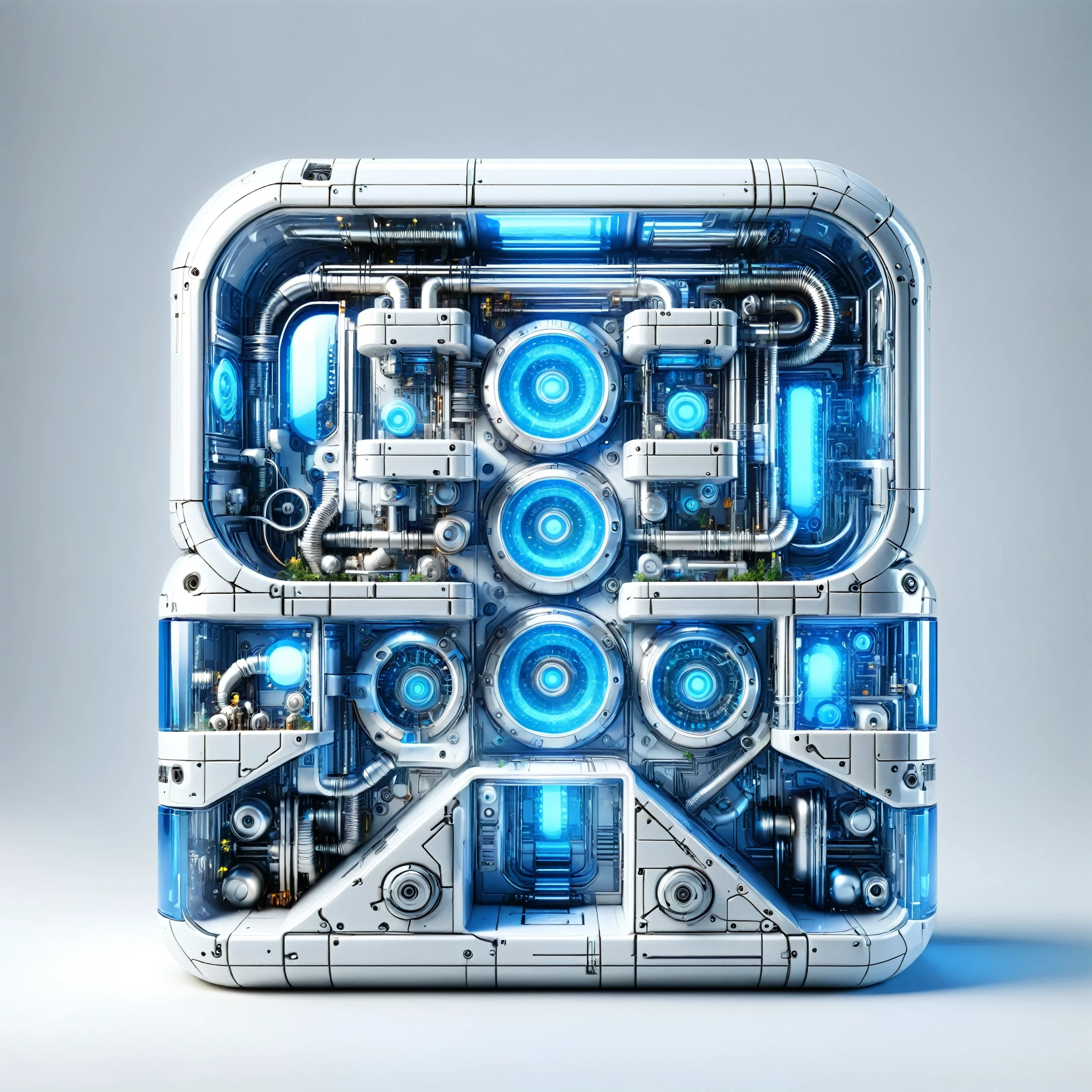 The Art of Mathematics，Cyberpunk，equipment，White ceramic housing，Blue transparent glass，3D Rendering，Chasing the light，Reasonable structure，The internal structure is complex