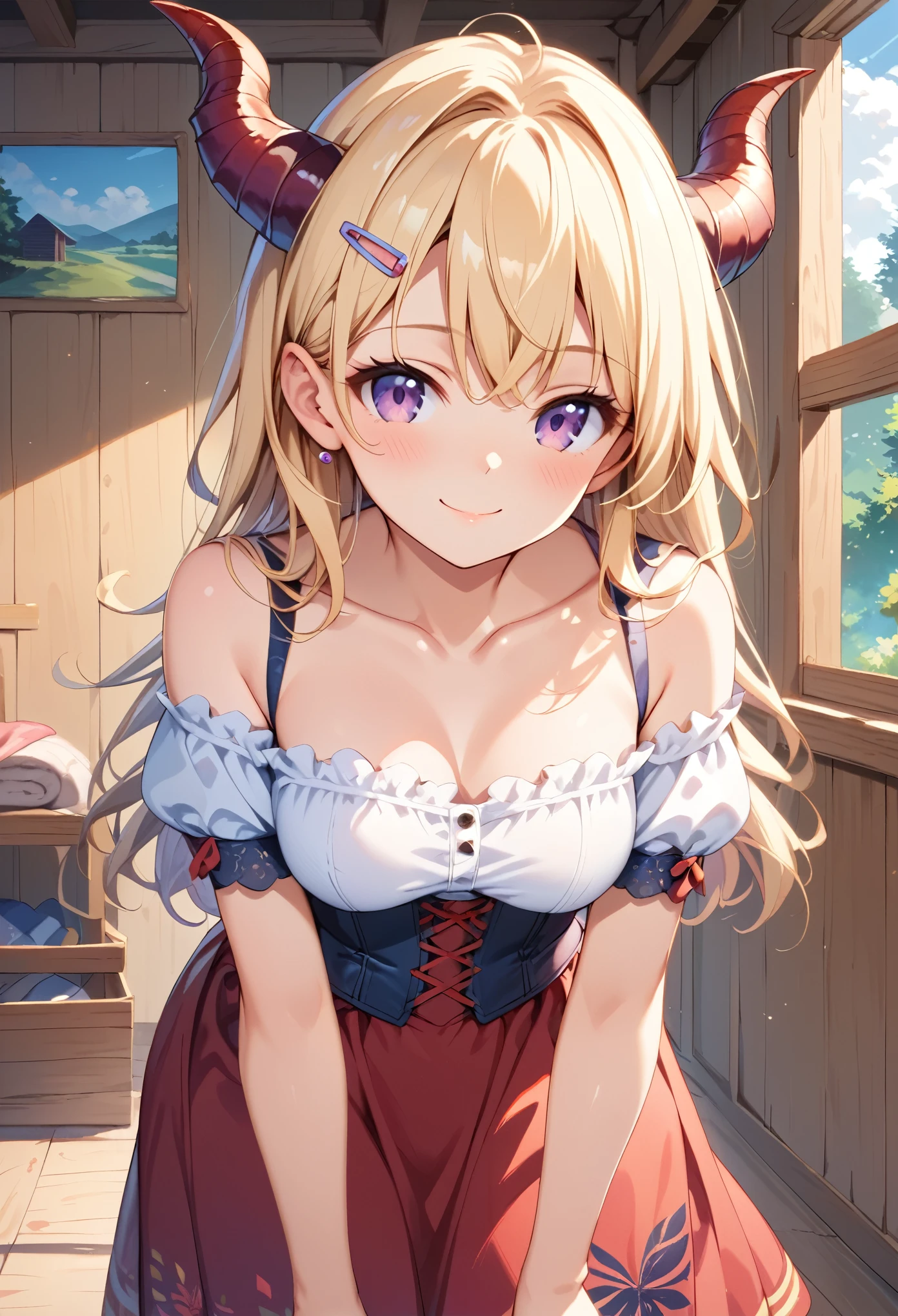 score_9, score_8_up, score_7_up, score_6_up, anime style, masterpiece, highly detailed, centered, cinematic shot, 1girl, solo, smile, indoors, cabin, blush, blonde hair, long hair, purple eyes, dragon horns, hairclip, shirt, collarbone, bare shoulders, corset, puffy short sleeves, red skirt, leaning forward, Beautiful anime style, animepastelz