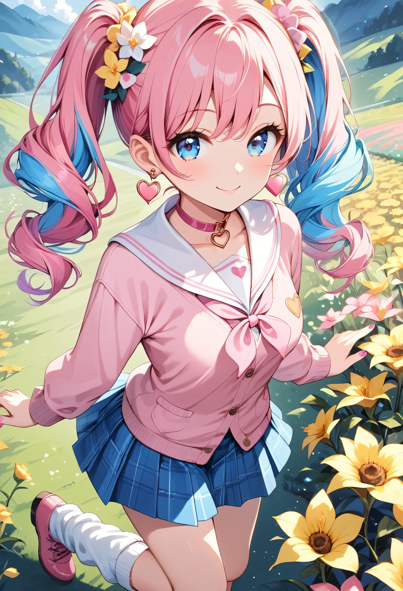 score_9, score_8_up, score_7_up, score_6_up, anime style, masterpiece, highly detailed, centered, cinematic shot, source_anime BREAK 1girl, light smile, head tilt, wariza, flower field, from above, fairymiku, blue eyes, two-tone hair, pink hair, blue hair, curly hair, twintails, hair flower, red flower, yellow flower, pink sweater, pink cardigan, white neckerchief, long sleeves, blue skirt, plaid skirt, miniskirt, loose socks, pink footwear, earrings, pink choker, heart choker, wrist scrunchie, nail polish, pink nails,, Beautiful anime style, animepastelz
