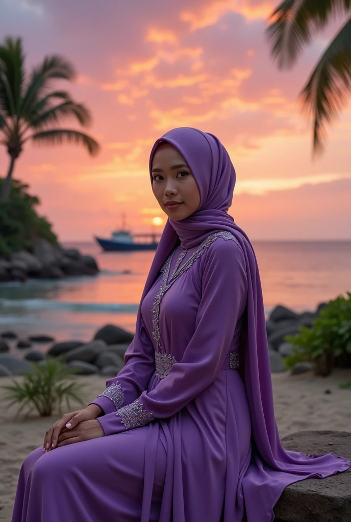 Discuss Potrait Portrait of an Indonesian woman wearing a luxurious purple dress and ...