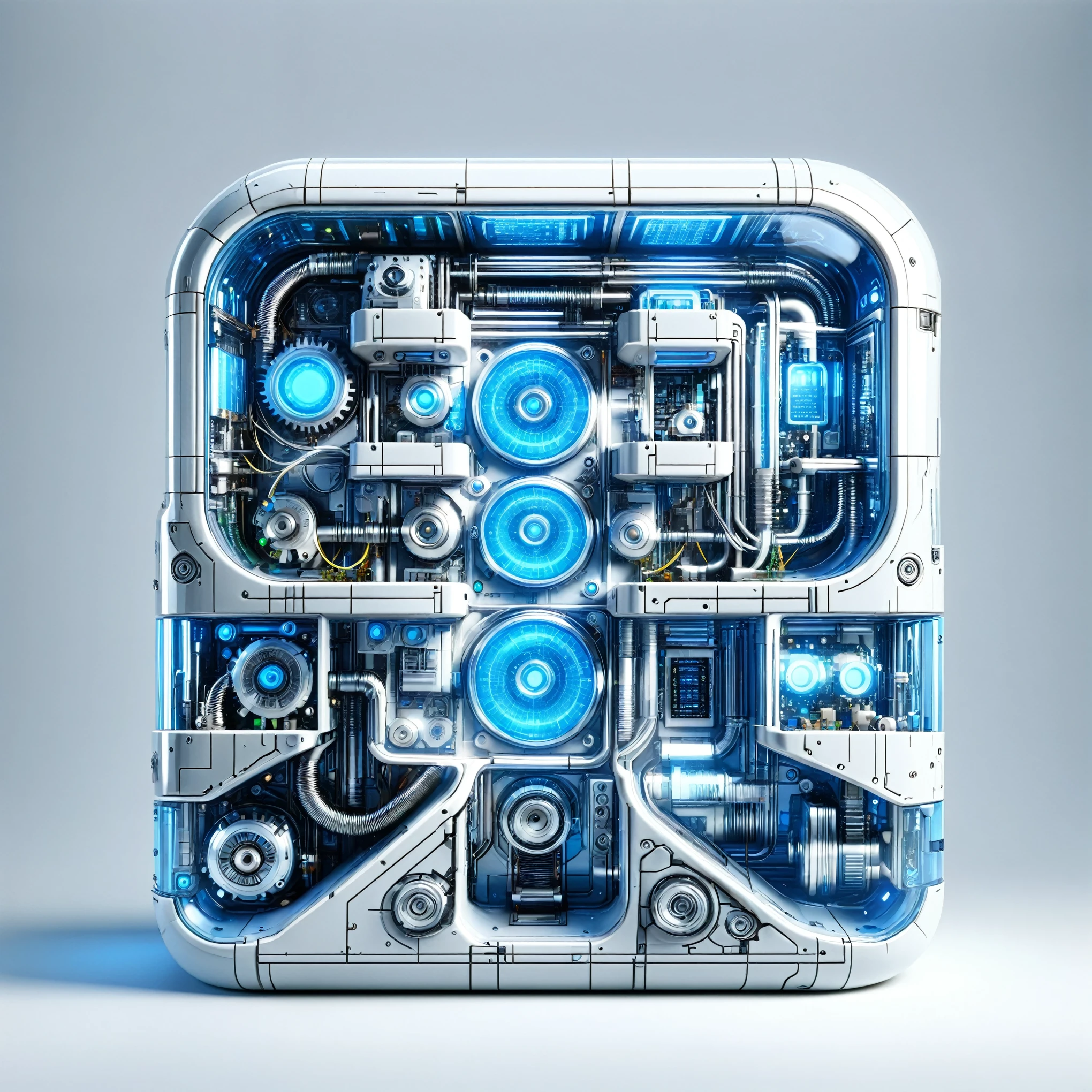 The Art of Mathematics,Cyberpunk,equipment,White ceramic housing,Blue transparent glass,3D Rendering,Chasing the light,Reasonable structure,The internal structure is complex