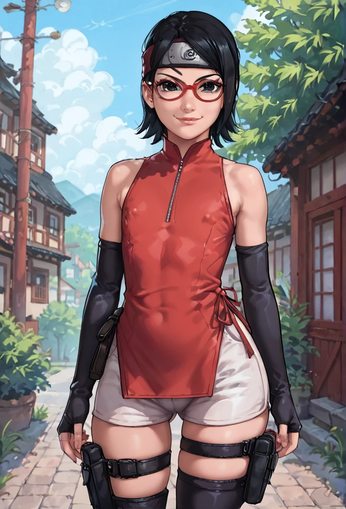 score_9_up, score_8_up, score_7_up, score_6_up, score_5_up, score_4_up, ,zPDXL2, solo, rating_safe, perfect face, perfect eyes, BBC_Chan Style, Sarada Uchiha, solo, 1girl, black hair, short hair, red-framed eyewear, headband, glasses, black eyes, double slit red dress, sleeveless, elbow gloves, black gloves, fingerless gloves, white shorts, black thighhighs, thigh holster, large round butt, (gluteal fold),konohagakure village pathway, flat chest,full lips, wide hips, thick thighs, (cheeky_smirk:1.3), nipple bulge, side view
