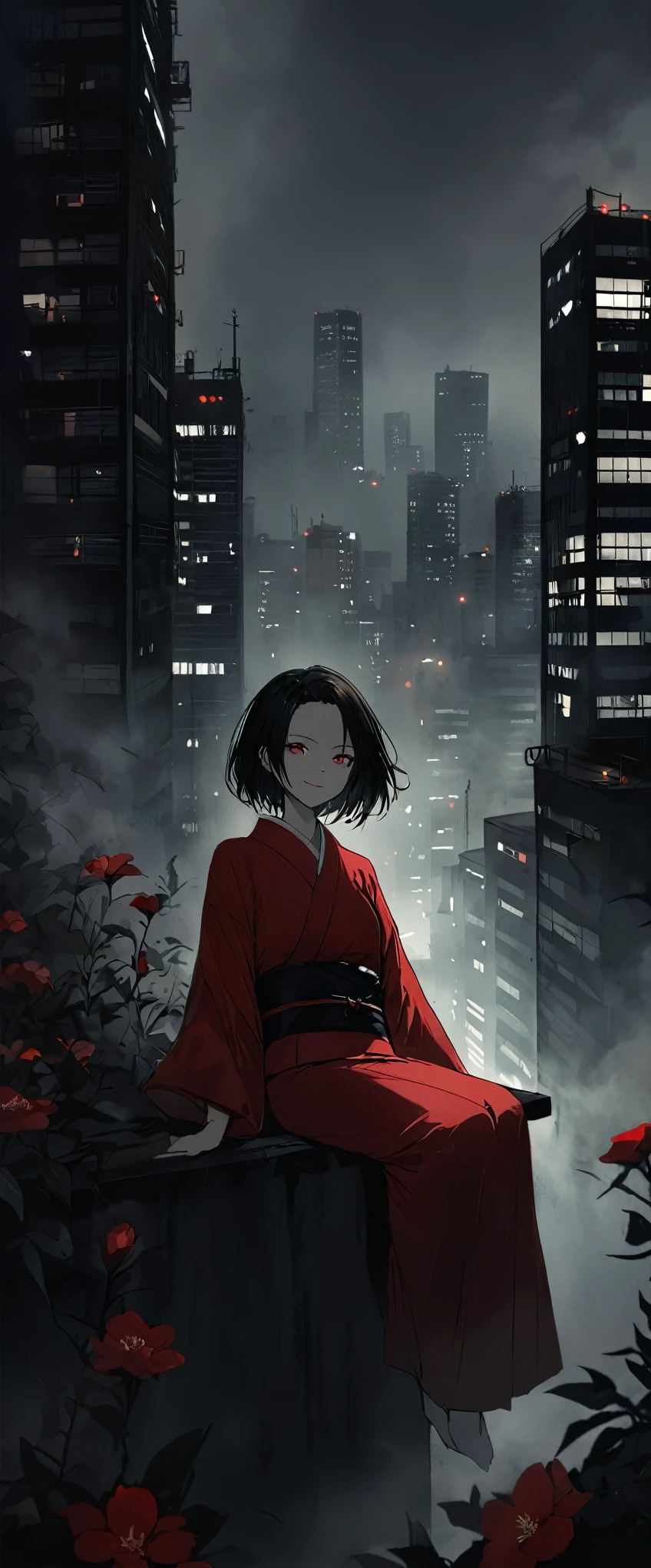 Red silk kimono。Beautiful in the fog,Sitting in the fog。Black belt。smile。Black short hair。forehead, Beautiful red eyes。Dead skin。alone。darkness。Spooky atmosphere。Japan。Concrete city。Dark atmosphere without light。night。Red flower,Chiaroscuro,Skyscraper。