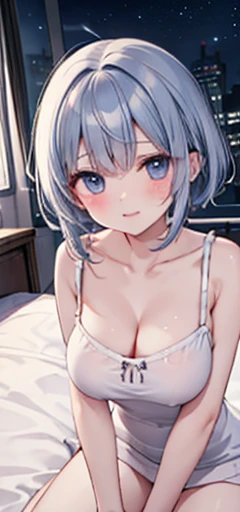 (((((Completely naked))))) ((((In the car　Showing nipples　woman器を見せる))))　(((Gray Hair　short hair　blue eyes　woman)))，((sunlight))，(smile)，Open your mouth　Shining Background　Shining Edges