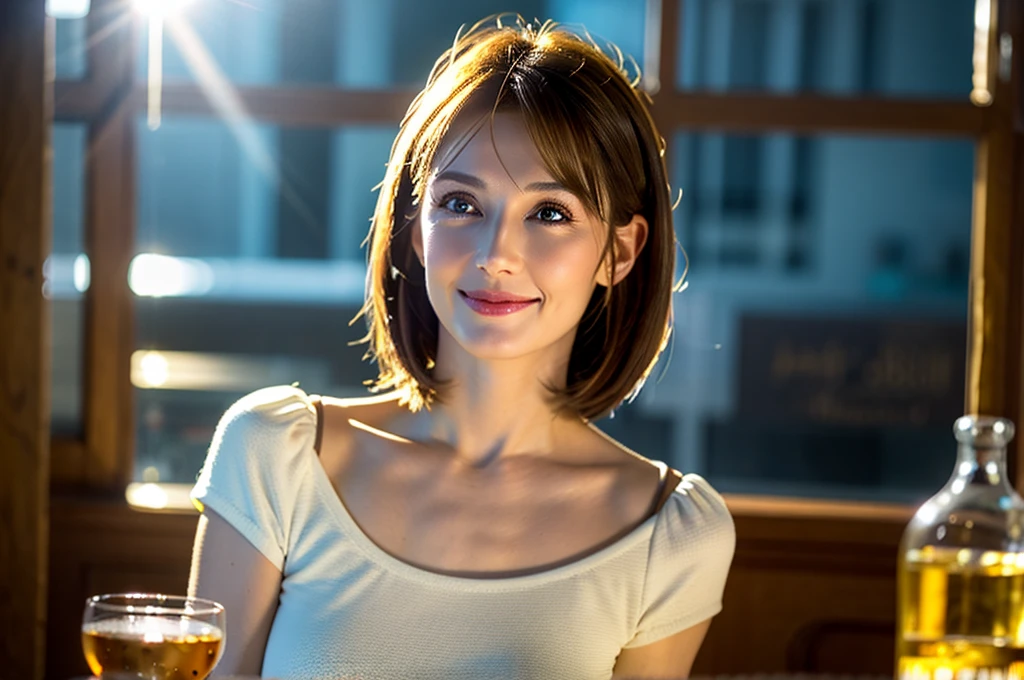 Brown-haired woman 30 years old、Dirty、Lens flare、(8K、to be born、Professional、Highest quality、masterpiece:1.2)、(Realistic、Photorealistic:1.37)、Very detailed、(Best detailed skins:1.2)、(Ultimate detailed face:1.2)、Cinema Lighting、1 female、Japanese、Brown Shortcut、(the wind is strong)、Warm White Light、A shy smile、Photographed from the front、((Highest quality、8K、masterpiece:1.3))、Beautiful woman with perfect figure:1.4、、((Dark brown hair、Big Breasts:1.2))、Very detailed face and skin texture、Detailed eyes、double eyelid、Big Breasts、Gender Wearing a plain white crew neck T-shirt Tokyo whole photo Cafe