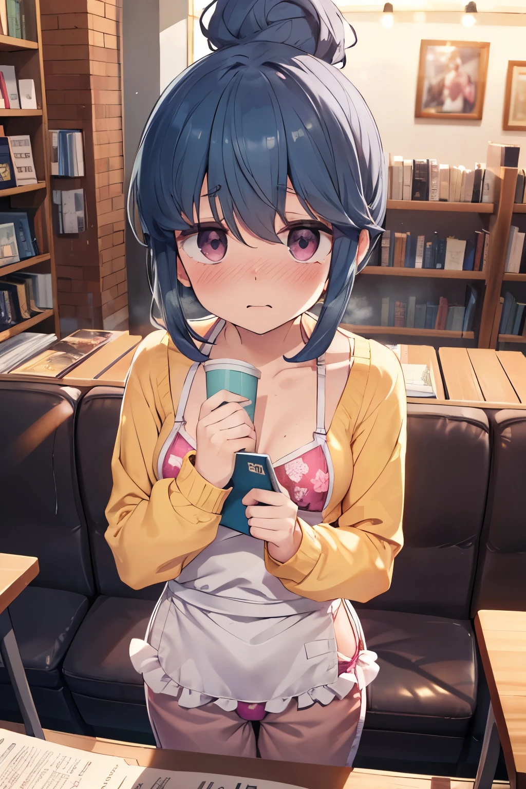 ((((nsfw)))), (((Coffee shop))), (((apron))), Close-up of face, bookstore, Hold the book, indoor, Chair, Shima Rin, yuru camp, Shima Rin, ((Waking up, Feeling overlaid)), snore, Taking a nap, Sleep, Wrist pillow, (((Cute sleeping face))),  kawaii, ****, small breast, (Gorgeous floral hair ornament), , , Swim ring,  (((Pink Bikini, Ruffled swimwear bra, Ruffled bikini pants))), Detailed depiction of nipples,  , cute, Sweat, (masterpiece, Highest quality, 8K ultra-high resolution:1.4), Written boundary depth, Focus of the film, From a dramatic angle, Emotional composition, Emotional engine full throttle BREAK Young and cute, Slender body, Flat Chest, Provocative, ((Embarrassed face)), Expressions of affection, Highly detailed glossy skin,Sweat,  topless, Exposed breasts, Shorts, Wet and shiny thighs,
ultra detailed crystal eyes, Eyes like shining jewels