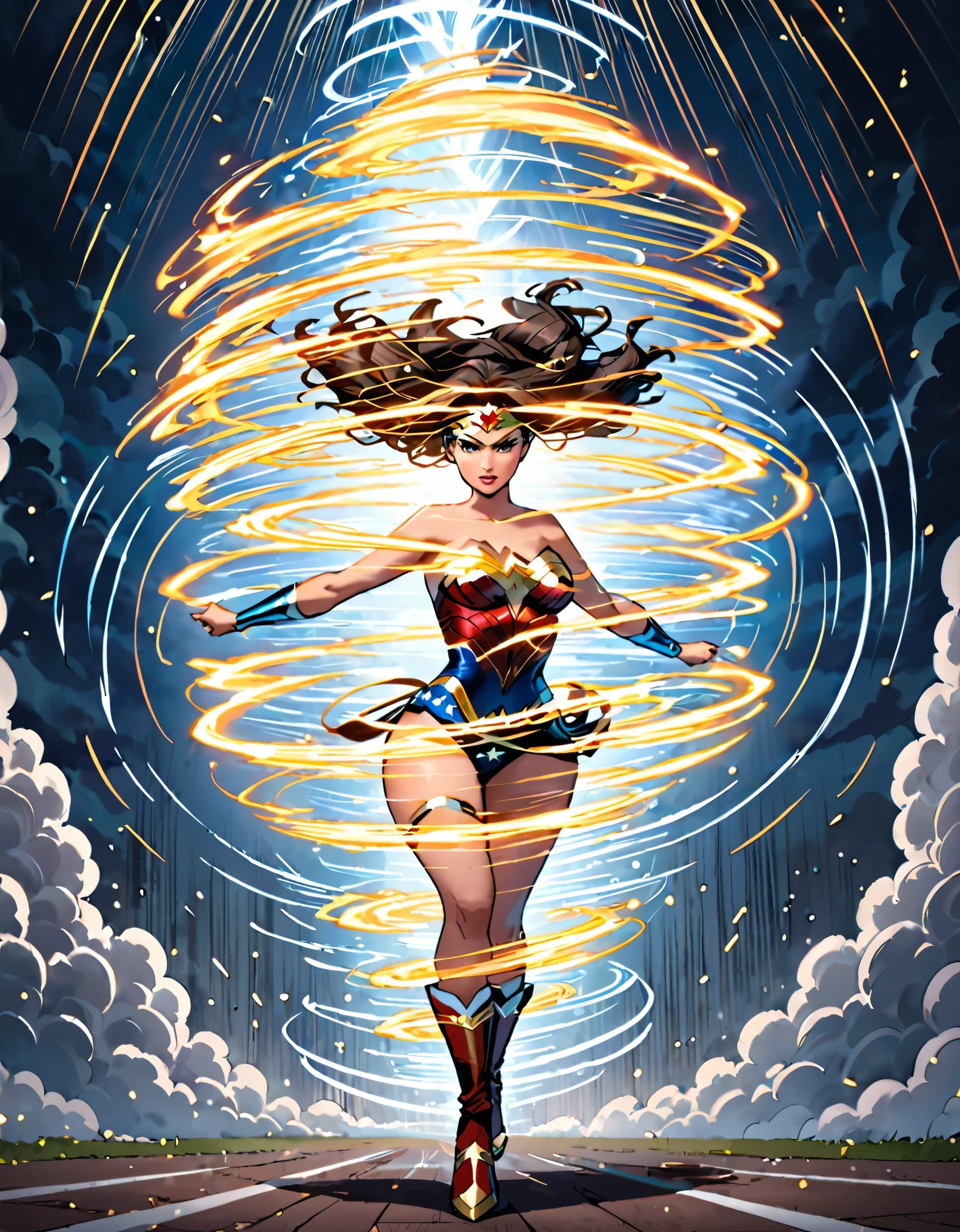 masterpiece, best quality, high res, Wonder Woman whirls into a tornado, she (cyclone spinning), she spins at super speeds, dynamic standing whirl pose, (leotard, bare legs, boots), fix hands, speed lines around her, spiral lines around her, wonder woman twirl. (fast spin, dynamic whirl pose, spins fast in place like a tornado, whirls fast in place like a tornado, tornado whirling, spiral lines around her, speed lines around her, spinning energy pulse around her, storm winds around her, whirls into a tornado, (she whirls) at (super speeds)). full body costume design. curved sword slash. she super-spins, whirlwind, light particles.