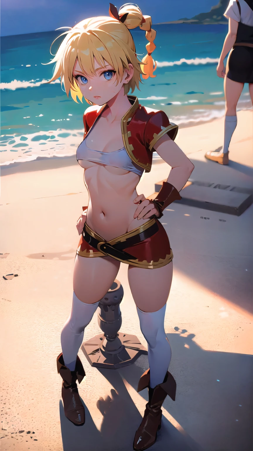 1 adult woman, character "Kid" from chrono cross, kid (chrono cross), ((mature face)), 20 years old, yellow hair in a high braided ponytail, (medium-small bust:1.4),standing on white sandy beach, in various fighting poses, fitted jacket 3/4 cropped (red), white top under jacket, tight fitting micro skirt (red), loose leather boots, ankle wraps, detailed face, detailed eyes, detailed lips, highly detailed hands, best hands, perfect hands, 8k, ultra-detailed 90s era anime style, cinematic lighting, vivid colors, dramatic shadows, masterpiece, award winning art, wide angle, (full length portrait), micrsk3rt, bikini underboob, navel, no bra, bhands, skindentation, thighhighs, thighs 